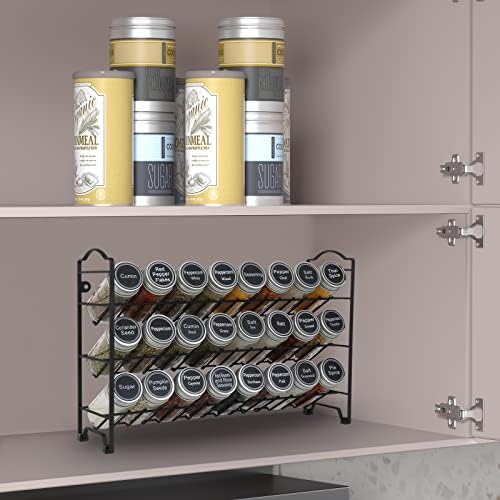 SWOMMOLY 3 Tier Spice Rack Organizer with 24 Empty Round Spice Jars, 396 Spice Labels, Funnel and Chalk Marker Complete 