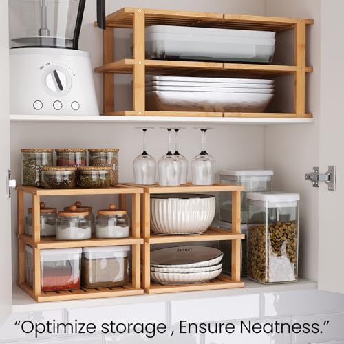4 Pack Bamboo Corner Shelf,3 Tier Kitchen Cabinet Organizer for Plates and Dishes,Pantry Storage and Spice Rack（Natural）
