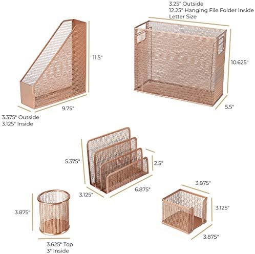 BLU MONACO Rose Gold Desk Organizer Set | 5-Piece Metal Desktop Organization Kit With File Holder, Magazine Rack, Pen Cup, Sticky Note Holder and Letter Sorter | Stylish Office Accessories