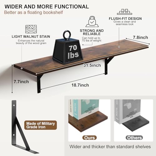 Tectocker-DOU 31.5" Long Floating Book Shelves for Wall, Heavy Duty, Brown