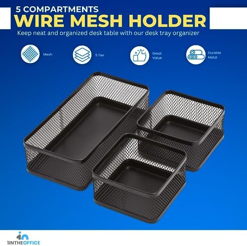 1InTheOffice Mesh Collection Desk Drawer Organizer Tray 3 Compartment - Stackable, Matte Black