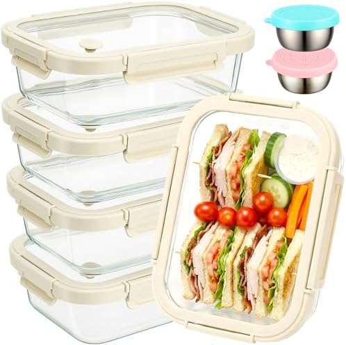Glass Food Storage Containers with Glass Lids, Stainless Steel Salad Dressing Containers, Microwave-safe LeakProof Food Containers Set, 5-pack 35 oz（White）