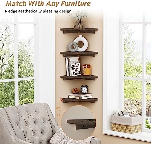 Forbena Floating Corner Shelves for Wall Set of 4, Small Corner Bookshelf for Bedroom Books, Round Wooden Corner Shelf W