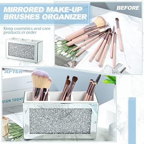 Tanlade 2 Pcs Mirrored Makeup Brush Holder Remote Holder, Mirrored Makeup Organizer with Crushed Diamond Crystals, Vanit