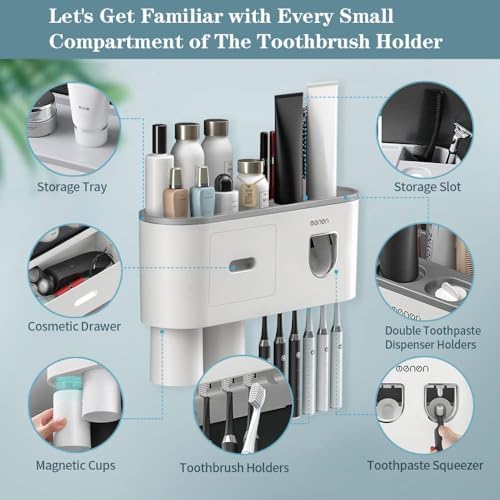 Toothbrush Holders for Bathrooms Wall Mounted, 6 Slot Toothbrush Holder with 2 Automatic Toothpaste Dispensers, 2 Magnet