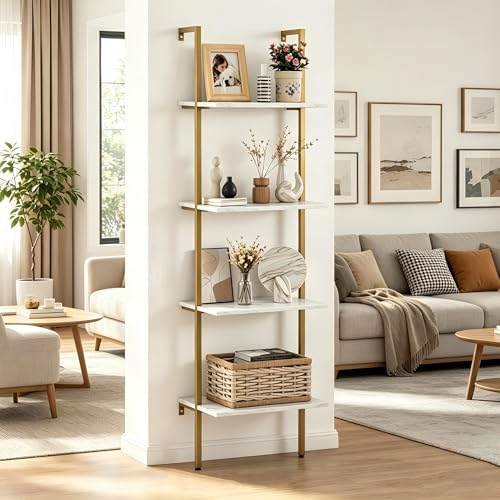 Wolawu Ladder Shelf 4 Tiers Metal Industrial Bookshelf,White Marble Wood Tall Open Storage Rack and Display Shelves,Wall