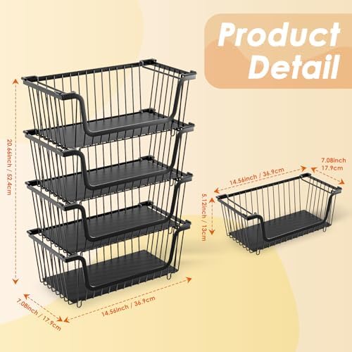 4 Pcs Stackable Wire Baskets for Pantry Organizers and Storage, Black