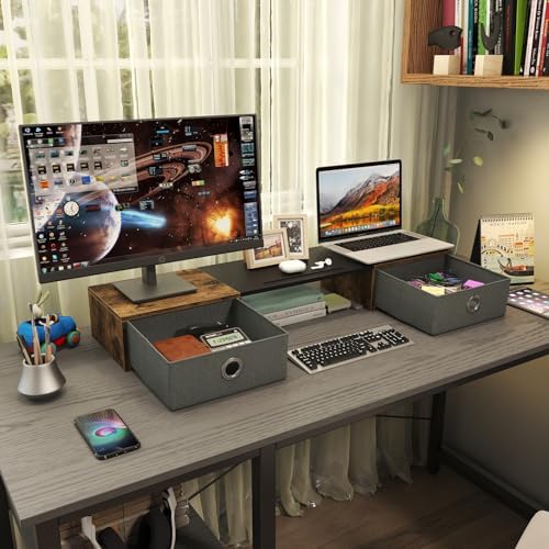 WESTREE Dual Monitor Stand Riser with Two Drawers, Extra Large Storage Monitor Stand for 2 Monitors, Desktop Organizer S
