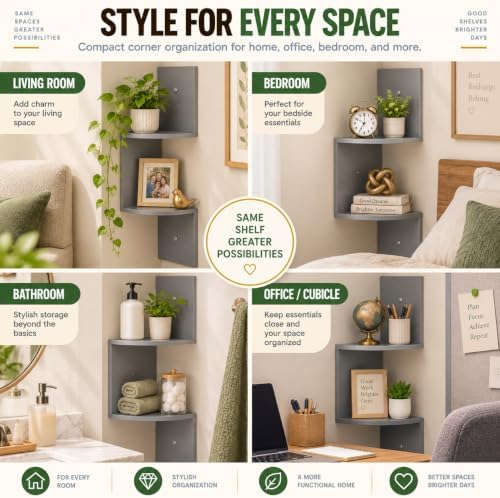Greenco 2-Tier Corner Shelves, Gray Finish | Floating Wall-Mounted Home Decor Set | Corner Wall Shelf | Living Room, Bed