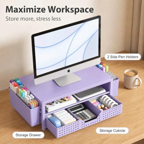 ECOLOVI Desk Organizer and Accessories, 2-Tier Computer Monitor Stand Rise with Storage Drawer & 2 Pen Holders, Laptop &