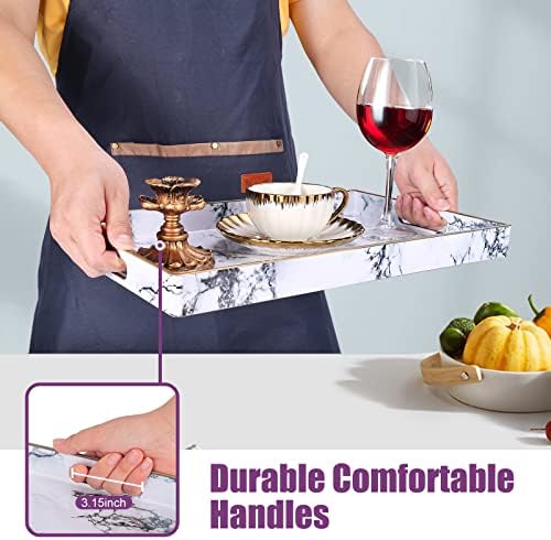 Gifturbo White Serving Tray, Marble Serving Trays with Handles,Rectangular Coffee Table Ottoman Tray Decorative Plastic 