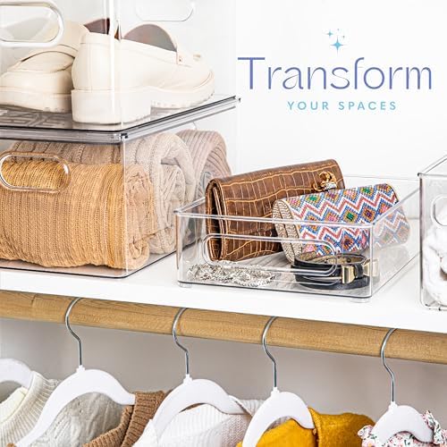 Plastic Food Storage 4 Pack Clear Container Bin with Handles for Organizing Kitchen, Pantry, Refrigerator, Freezer, Pant