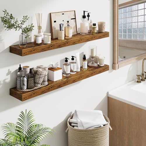 Fun Memories 40 Inch Floating Shelves, Long Wood Wall Shelf Set of 2 with Invisible Brackets, for Bathroom, Living Room,
