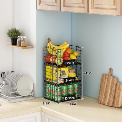 3 Pack XL Stackable Wire Baskets with Handle, Pantry Organizers and Storage