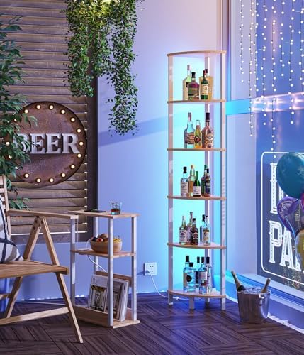 VIMBER 6-Tier Corner Shelf with LED Light, Industrial Corner Ladder Shelf, Rustic Display Shelf for Living Room, Bedroom