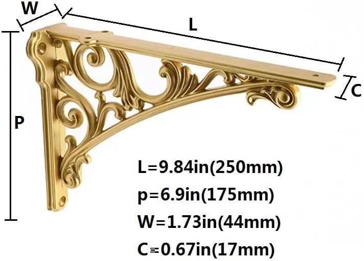 Decorative Shelf Bracket 10 inch, Gold Decorative Brackets for Shelving, Heavy Duty Vintage, DIY Projects, Hardware Incl