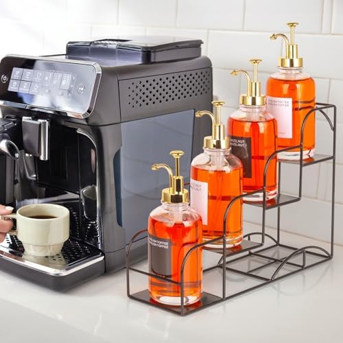 Syrup Rack for Coffee Bar Accessories, Iron 4 Compartment Bottle Organizer, Countertop Display Storage Shelf Bottle Stan