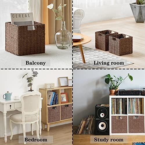 Vagusicc Wicker Basket, Set of 2 Hand-Woven Paper Rope Storage Baskets for Organizing, Foldable Cubby Storage Bins, 11 I