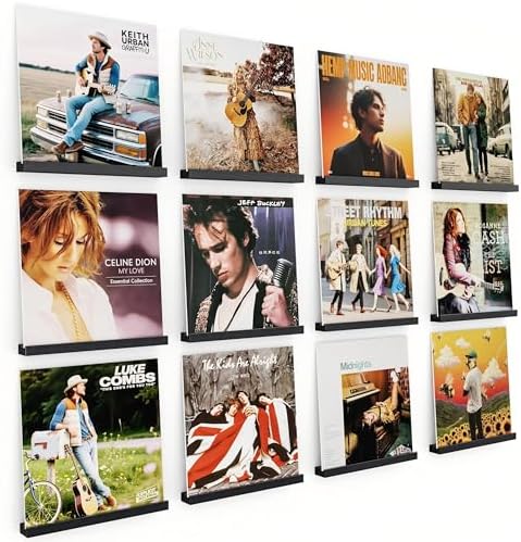 Emfogo Vinyl Record Shelf Wall Mount, 12 Pack Album Record Holder Wall, 12 inch Vinyl Record Storage Shelves Wall, Wood 