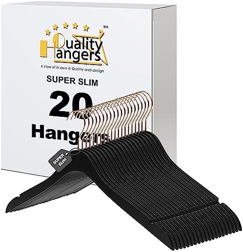 20 Luxury 16.5" Ultra Thin Space Saving Black Wooden Hangers, 360 Degree Swivel Hook, Best for Suit, Coat Hangers Shirts, Blouses, Pant, Dress Hangers Black with Gold Hook (Black, No Bar, 20)