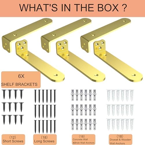 Eurydice Heavy Duty Floating Shelf Brackets, 1/4 in Thick 10 in 6Pack Gold
