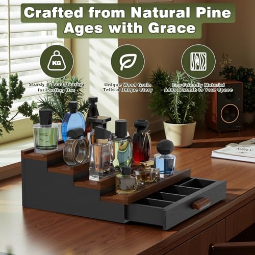 Perfume Cologne Organizer for Men: 4 Tier Wooden Perfumes Stand, Desktop Parfum Holder Wood Display Shelf with Cabinet, 