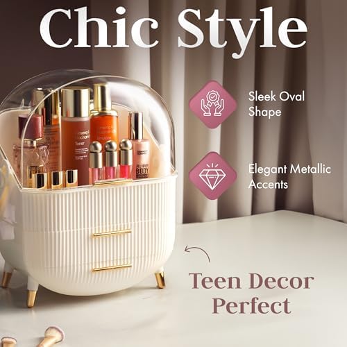 Covered Makeup Cosmetic Countertop - Large Cosmetic Organizer - Trendy Oval Shape Storage for Skin Care Organizer - Clea