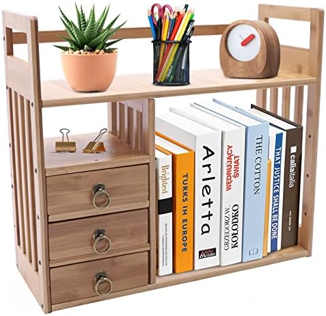 Bamboo Desk Book Shelf,Desktop Bookshelf Storage Rack Tabletop Standing Organizer Bookshelf with 3 Drawers,Freestanding 