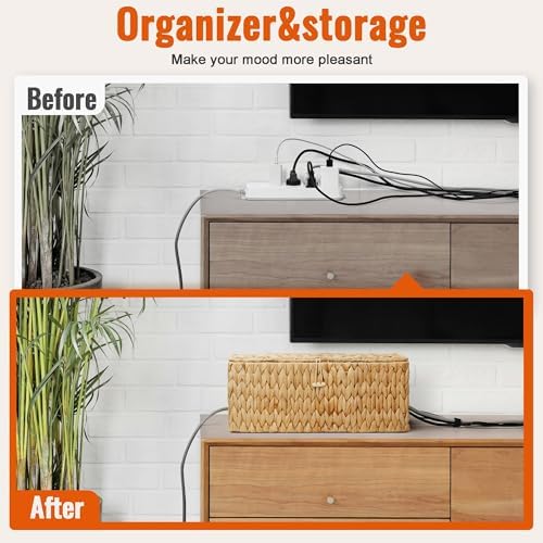 Posprica Cable Management Box with Lid, 2Pack Handwoven Real Water Hyacinth Cord Hider Organizer Boxes, 2 Side Open Slot