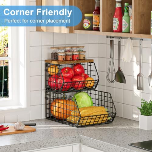 Potato and Onion Storage Bin with Wooden Top, 2-Tier Stackable Wire Basket