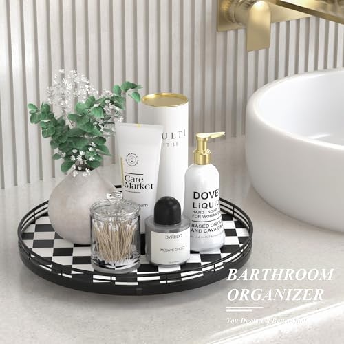 AMH 13-Inch Black and White Checkerboard Lazy Susan with Oak Wood Base