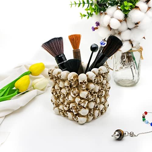 Halloween Decor Skull Pen Holder - Goth Human Skull Makeup Accessory Brush Holder for Desk Gothic Spooky Pencil Cup Desktop Storage box Organizer for Home Office Women Man Birthday Gift