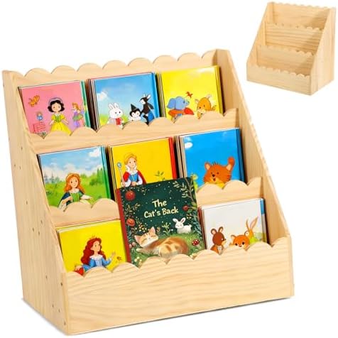 Bookcases Scalloped Book Shelf for Kids 3-Tier Wooden Bookshelf Montessori Style Display Shelf Durable Bookcase Book Org