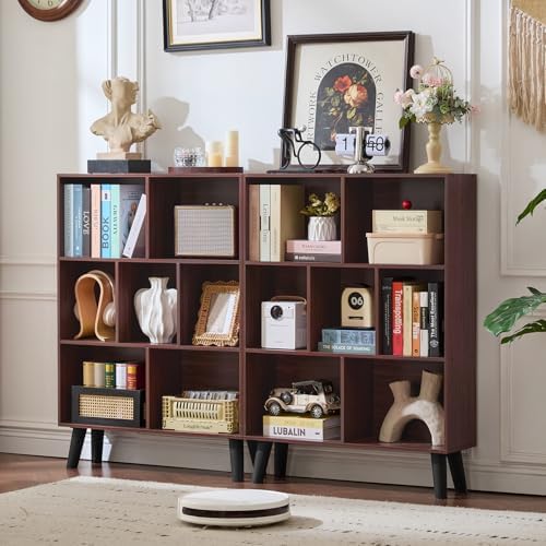 LEYAOYAO Cube Bookshelf, Mid-Century Modern Book Shelf with Legs, Walnut