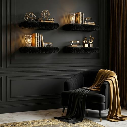 YMVV Black Furry Floating Shelves for Wall,2 Pack Wood Shelf with Plush Soft Shag Cover, Wall Mounted Shelves for Bedroo
