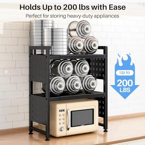 Expandable Microwave Stand, Heavy Duty 3-Tier Adjustable Microwave Oven Rack Shelf with 8 Hooks & 2 Holders, Space-savin