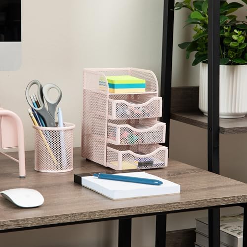 Mind Reader Desktop Accessory Storage, Paper Binder Clip Basket, Workspace, Office, Metal Mesh, 4.75"L x 5"W x 8"H, Pink