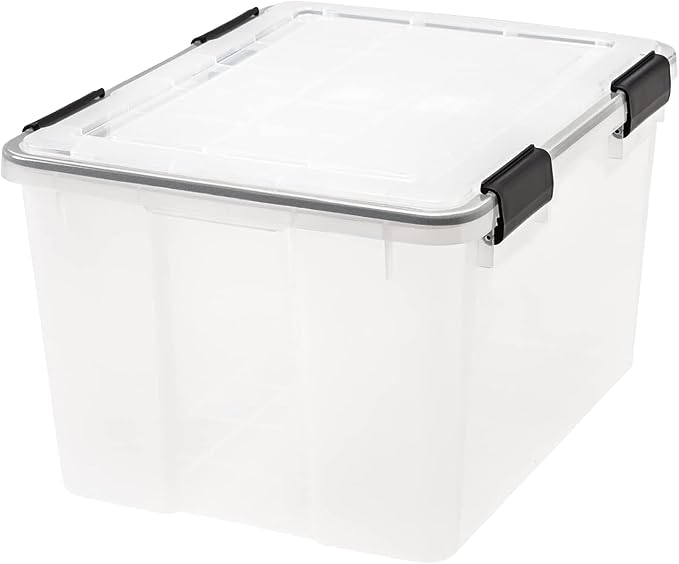 IRIS USA WeatherPro Storage Bins with Lids, 47 Qt, Gasket Seal, 2 Pack | Airtight gasket helps protect clothing, shoes, crafts, keepsakes, and household supplies from moisture and dust.