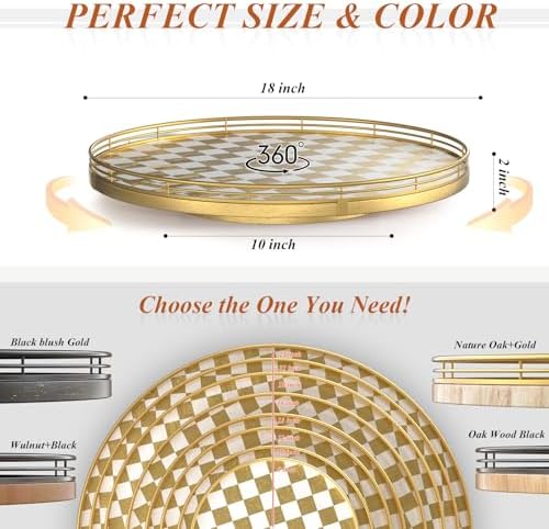 Gold and White Checkerboard Lazy Susan with Rubberwood Base and Metal Rail