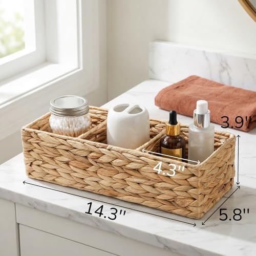 Pumtus 2 Pack 3-Section Woven Baskets, Water Hyacinth Storage Bin, Handwoven Desk Organizer, Toilet Paper Container, Rec