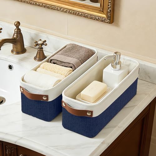 Bagnizer Small Fabric Storage Baskets, 15x6x5 inch Narrow Storage Bins 4-Pack Long Storage Basket for Organizing with Ha