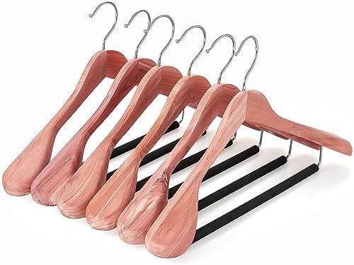 TOPIA HANGER Unfinished American Red Cedar Wood Coat Suit Hangers, Luxury Wooden Jacket Clothes Hangers, Wide Shoulder with Black Padded Pant Bar- 360°Flexible Hook, 6 Pack- Natural- CT07W-6