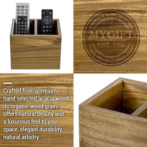 MyGift Premium Acacia Wood Remote Holder, 2 Slot TV Control Caddy