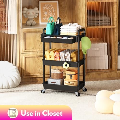 SUNALLY Makeup Cart Organizer with Drawer,3 Tier Rolling Makeup Cart, Black