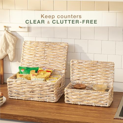 Set of 2 White Wicker Baskets with Lid