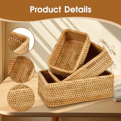 Natural Rectangular Rattan Storage Baskets (Set of 3), Hand Woven Food and Fruit Serving Baskets, Wicker Organizer for L