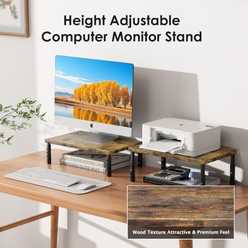 ECOLOVI Adjustable Wood Computer Monitor Stand Riser, Office Desk Organizer and Accessories for Monitor, Laptop, PC, Pri