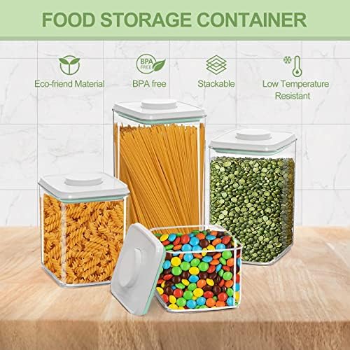Airtight Food Storage Containers Set of 4 with One-Press Seal Lids – BPA-Free Kitchen Canisters for Pantry Organization – Stackable, Leakproof, Clear Plastic Bins with Labels & Marker