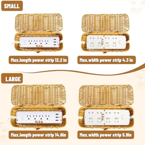2 Pcs Handwoven Rattan Cable Management Box,Cord Organizer Box with Lid,Open-Slot Cord Hiding Basket,Decorative Storage 