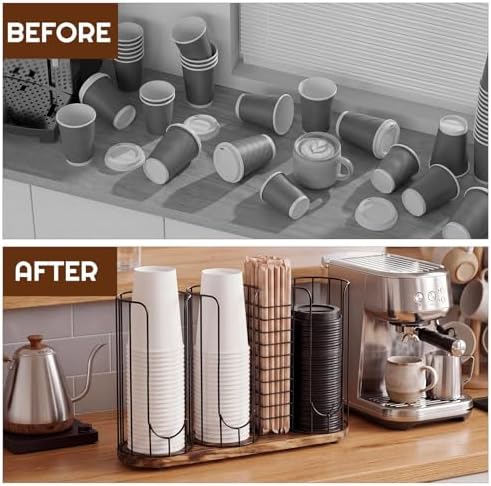 Geelin 18oz Adjustable Coffee Cup Dispenser with Wooden Base, Cup and Lid Holder, Cups Holder Organizer for Coffee Pod S
